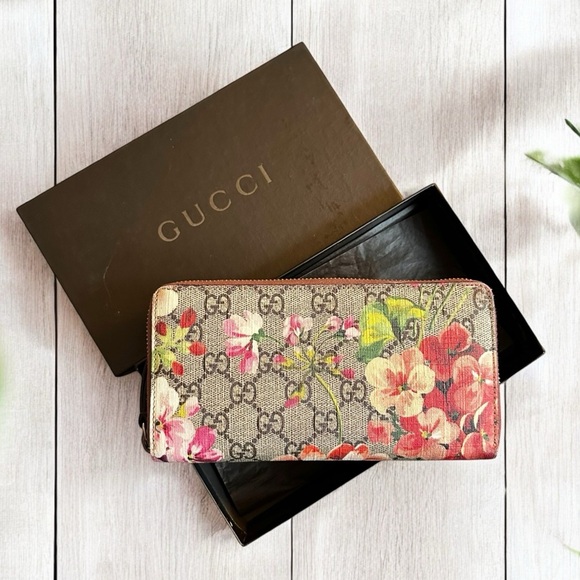 Authentic GUCCI GG Supreme Floral Blooms Pink & Tan Large Zippy Wallet with Box - Picture 1 of 12